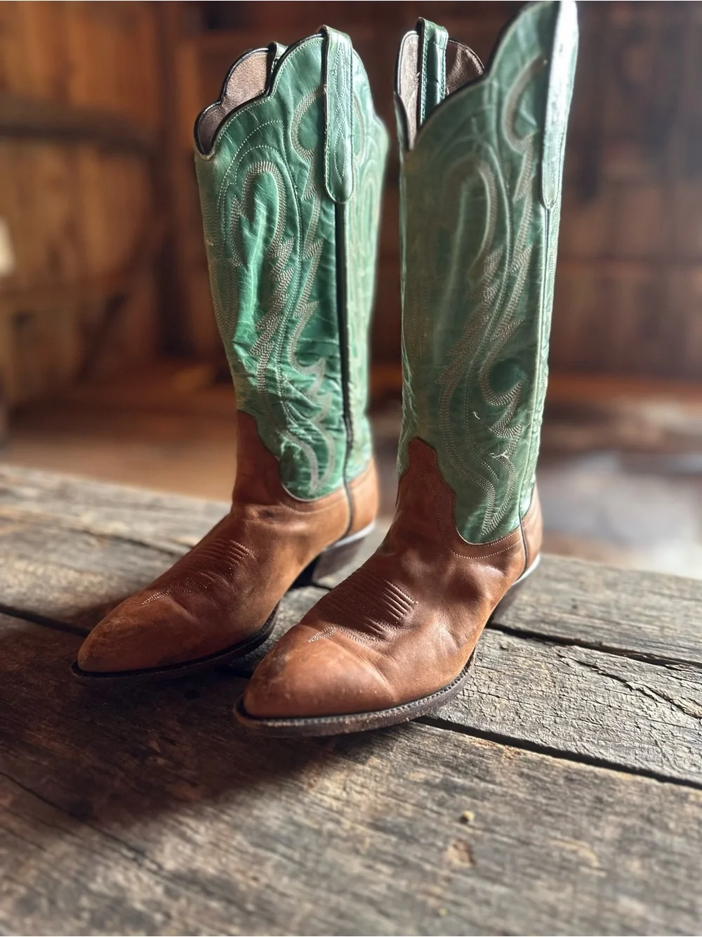 Larry Mahan Two-Tone Brown Foot with Green Shaft Western Boots